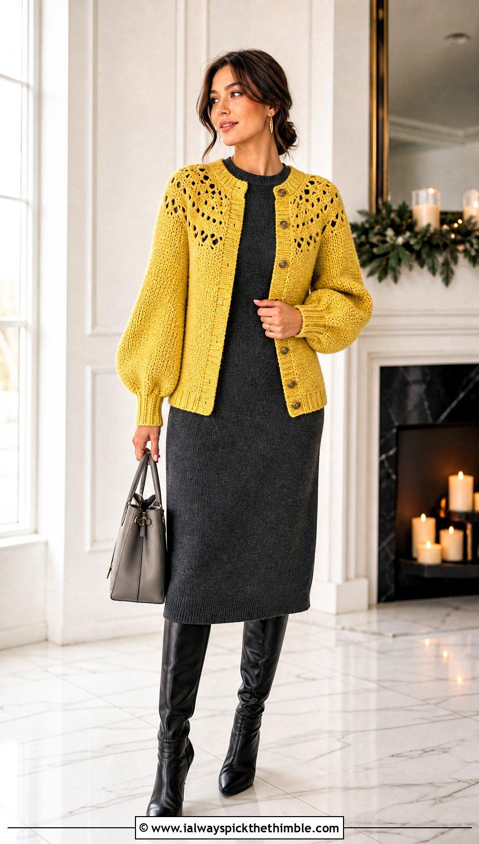 Balloon Sleeve Yoke Cardigan With Sweater Dress - 20 Crochet Yoke Cardigan outfit ideas