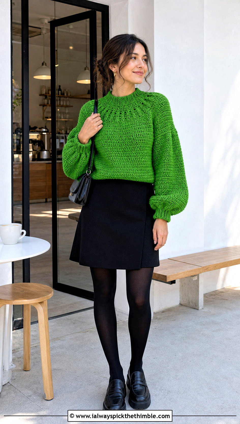 Balloon Sleeve Yoke Crochet Sweater With Mini Skirt - 20 Yoke Down Crochet Sweater outfit ideas
