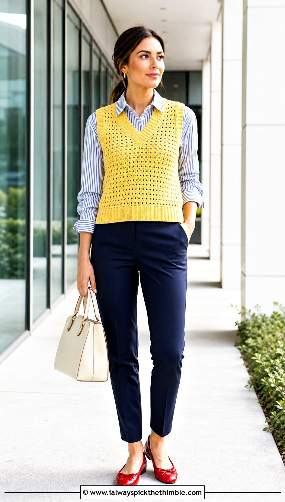 Banana Yellow Crochet Sweater Vest With Striped Shirt - 20 Crochet Yellow Sweater outfit ideas