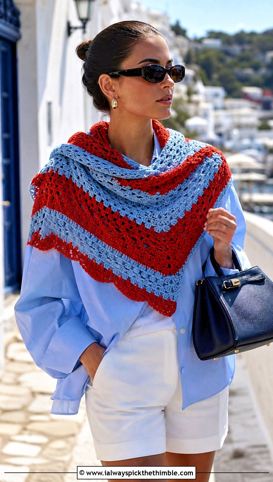 Bandana 1 Skein Crochet Shawl With Oxford Shirt And Bermuda Shorts - 15 Easy 1 Skein Crochet Shawl outfit ideas