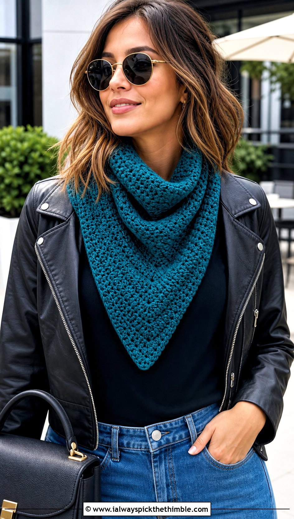 Bandana Bib Crochet Cowl With Leather Jacket - 25 crochet cowl neck warmer outfit ideas