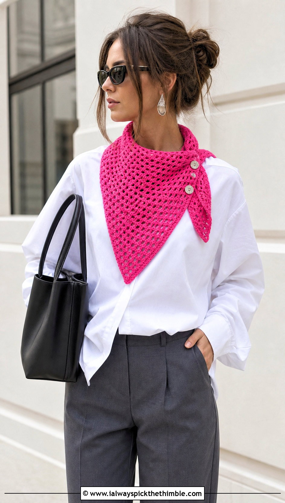 Bandana Button Crochet Scarf With Oversized Shirt - 15 Crochet Button Hole Scarf outfit ideas