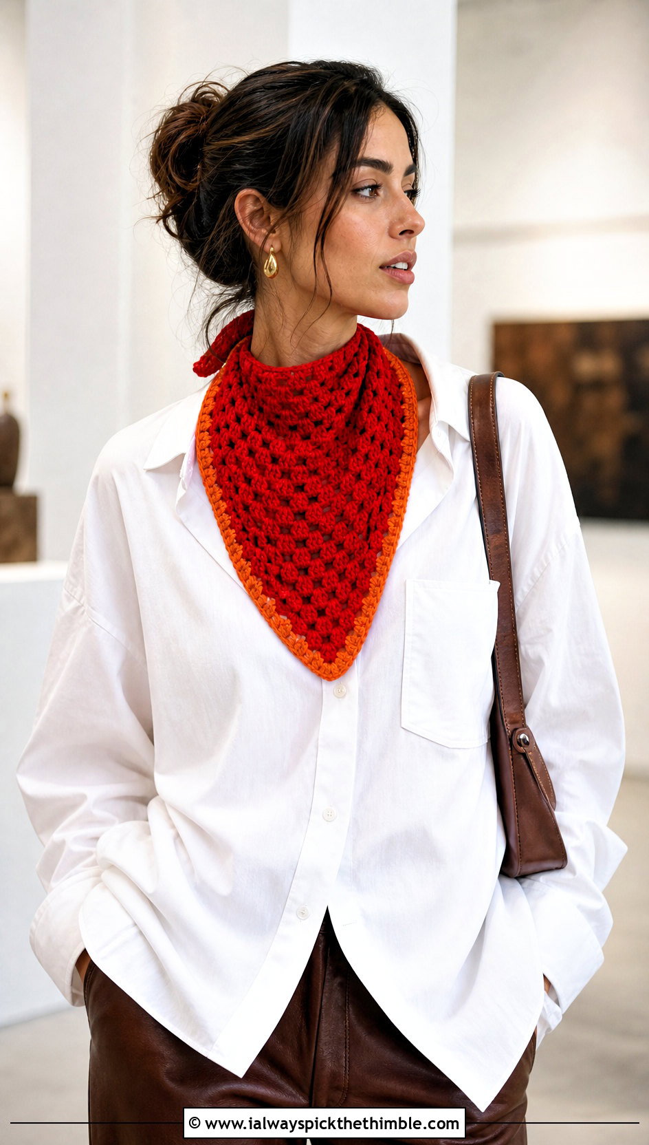 Bandana Crochet Candy Scarf With White Shirt And Leather Pants - 15 crochet candy scarf outfit ideas