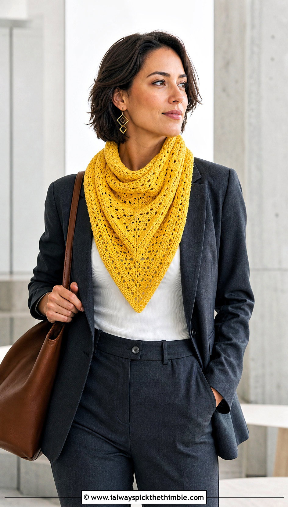 Bandana Crochet Cowl Shawl With Blazer And Trousers - 20 crochet cowl shawl outfit ideas