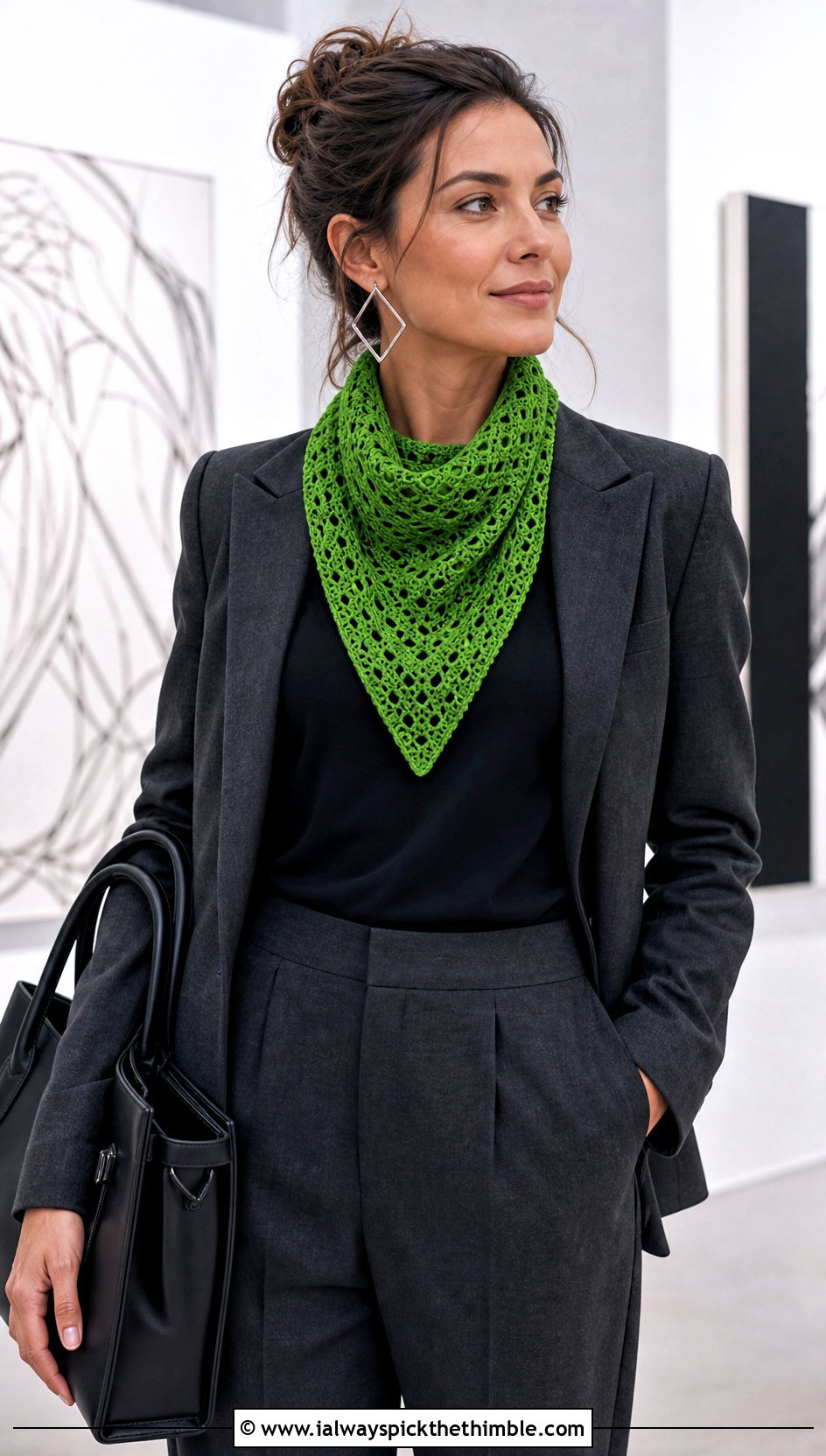 Bandana Crochet Cowl With Blazer And Trousers - 20 cowl crochet scarf outfit ideas