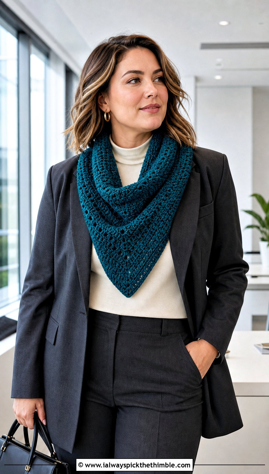 Bandana Crochet Cowl With Blazer And Trousers - 15 Crochet For Cowl Scarf outfit ideas