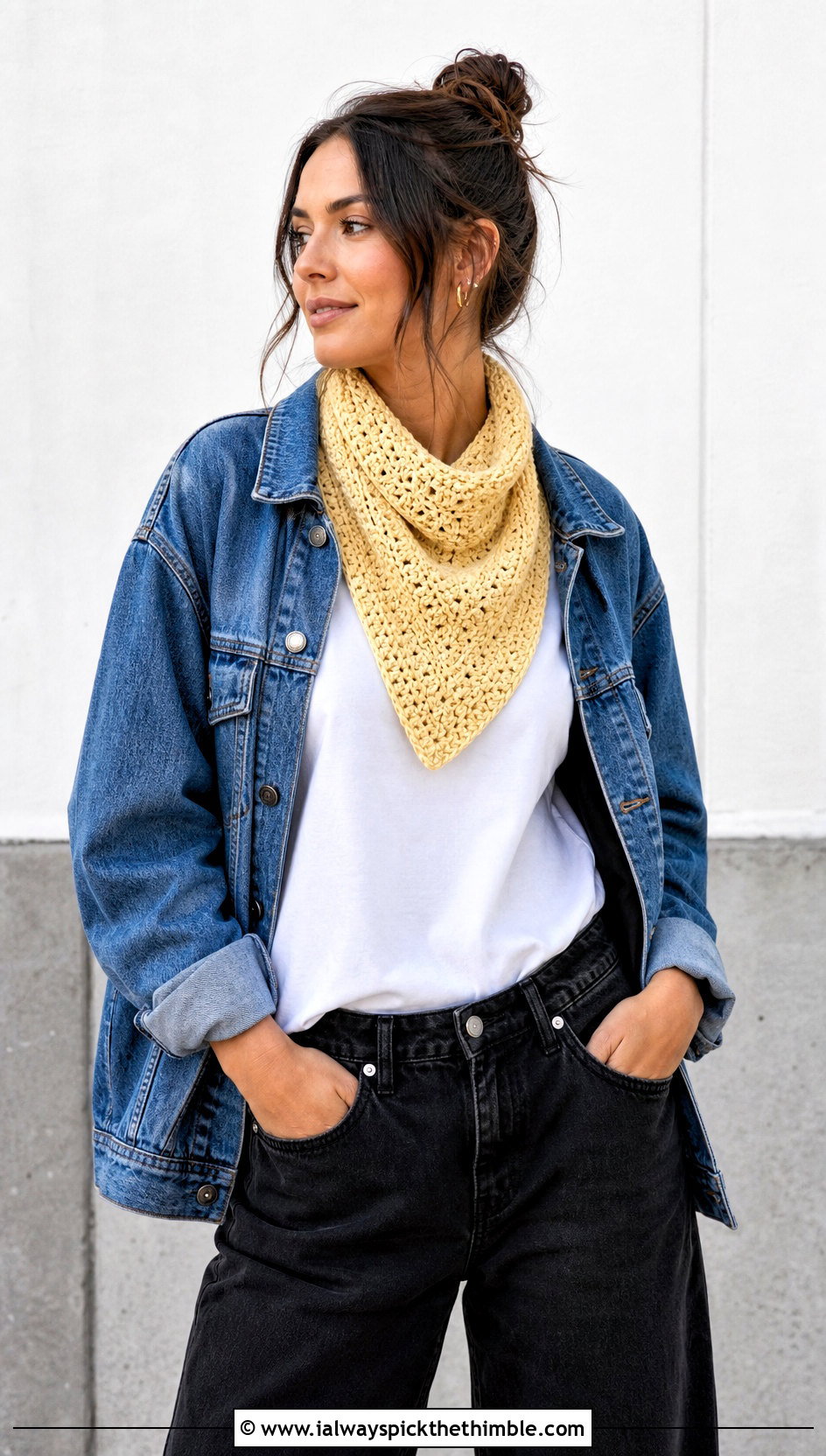 Bandana Crochet Cowl With Denim Jacket - 25 crochet cowl outfit ideas