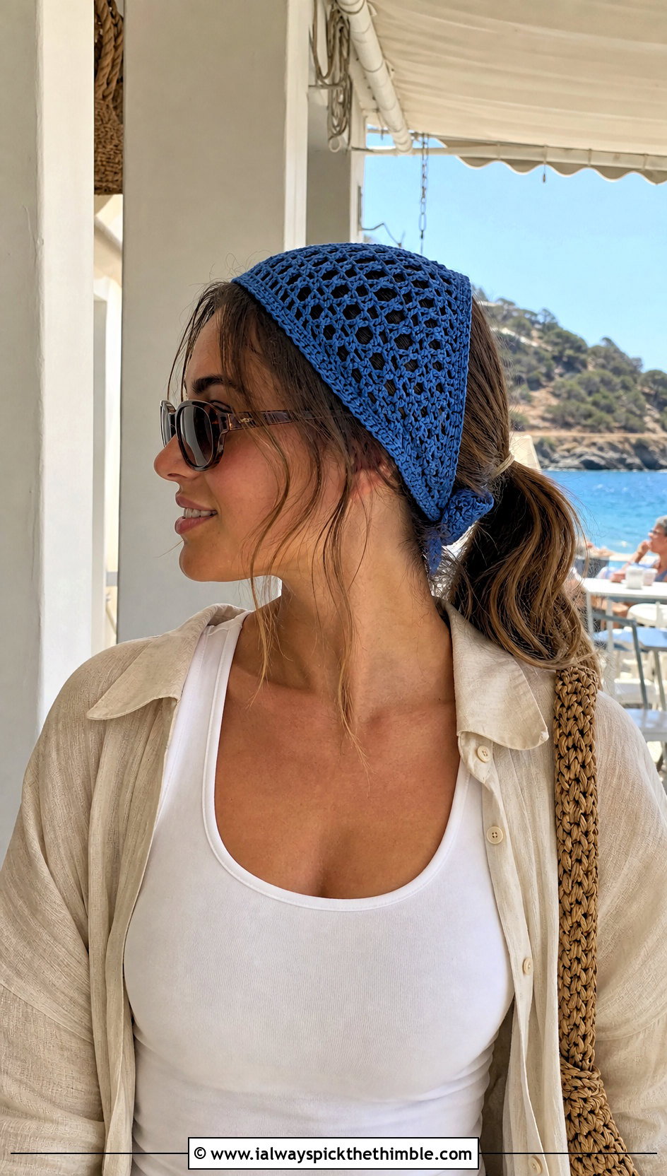 Bandana Crochet Headband With Hair Tie And Linen Shorts - 25 crochet headband with hair tie outfit ideas