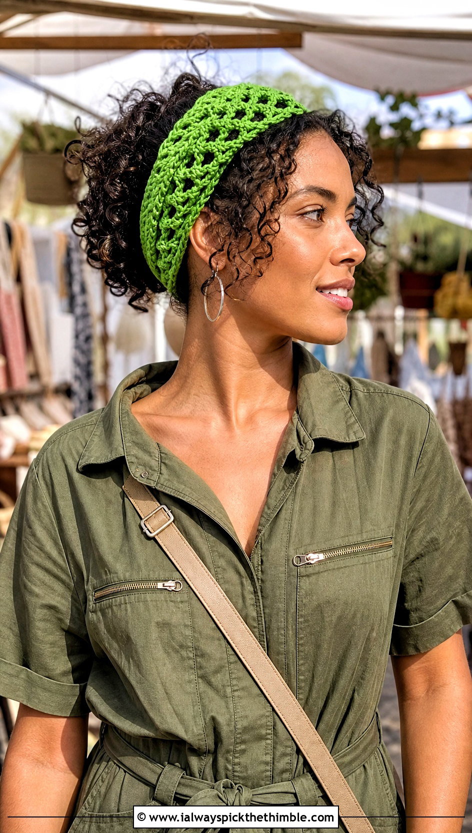 Bandana Crochet Headband With Utility Jumpsuit - 20 crochet headband for short hair outfit ideas