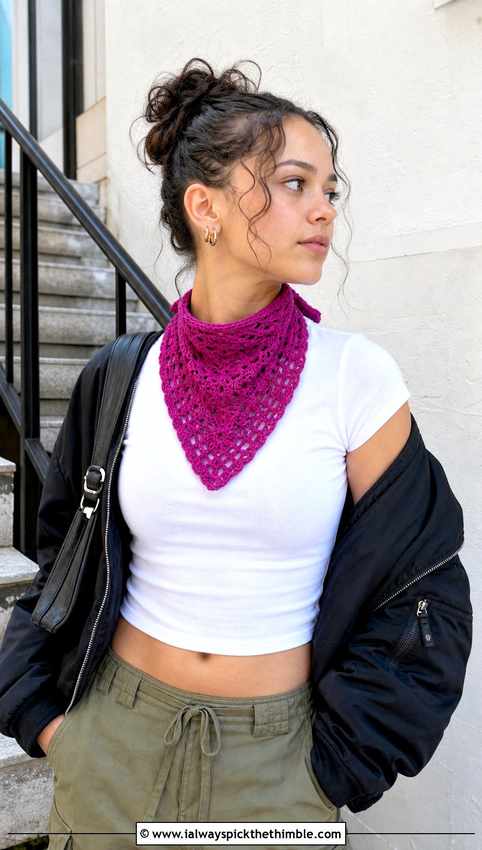 Bandana Crochet Scarf With Bomber Jacket - 20 Multifunctional Crochet Scarf outfit ideas