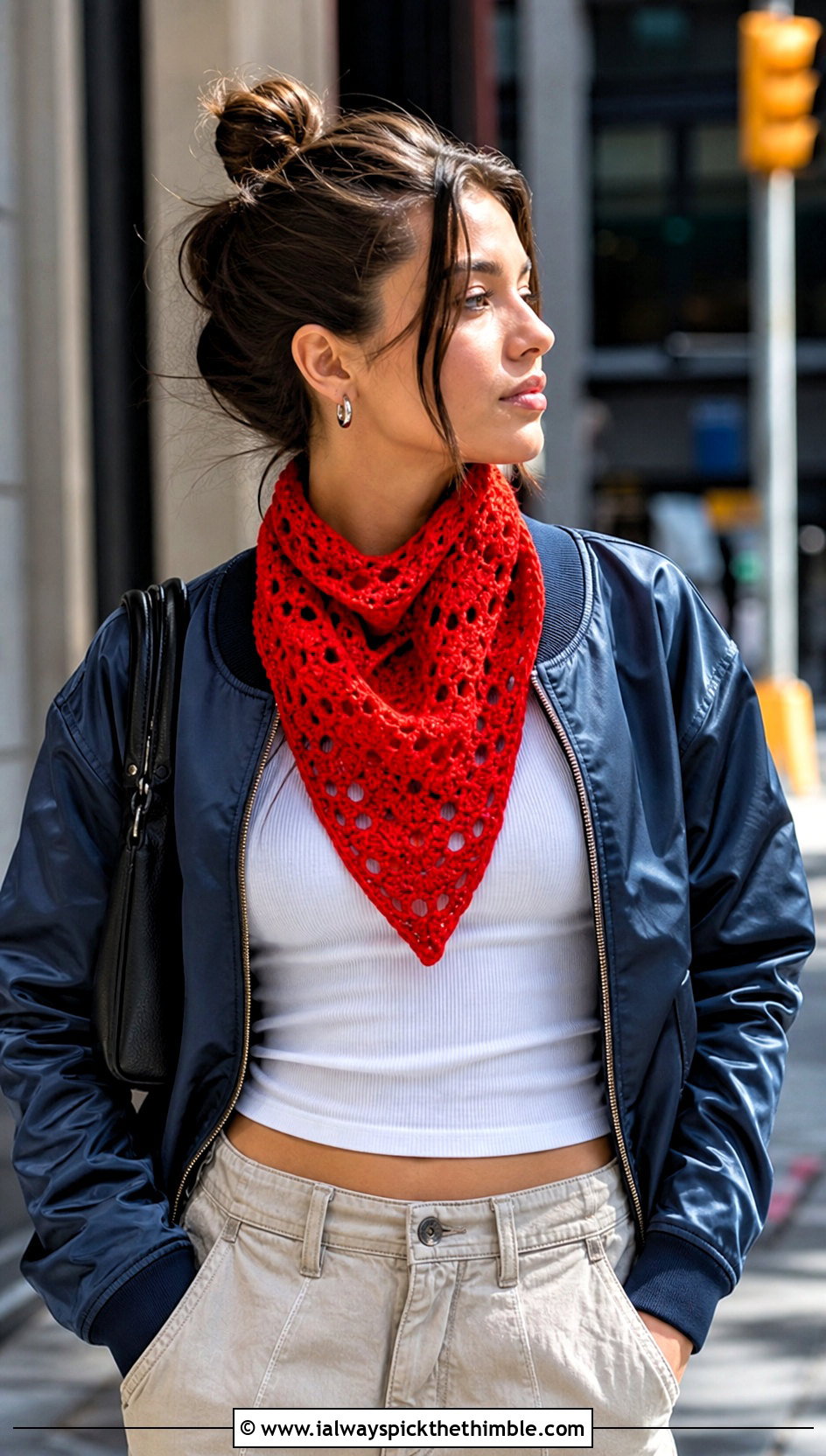 Bandana Crochet Scarf With Bomber Jacket - 25 easy one skein crochet scarf outfit ideas