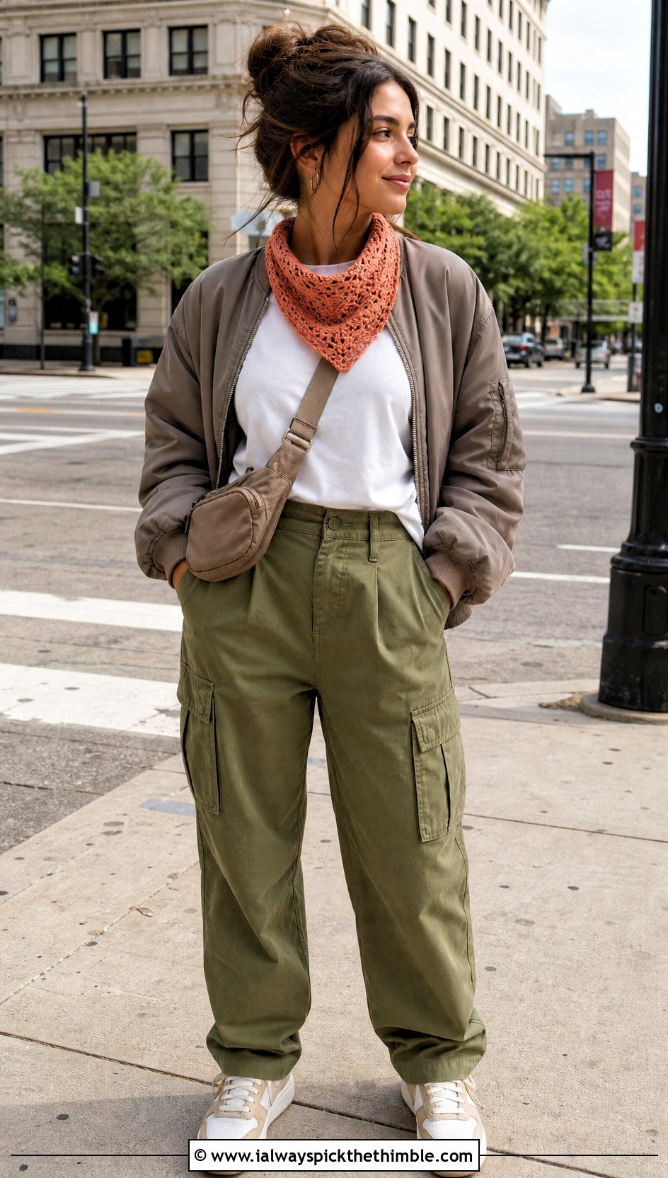 Bandana Crochet Scarf With Cargo Pants - 20 easy crochet scarfs outfit ideas