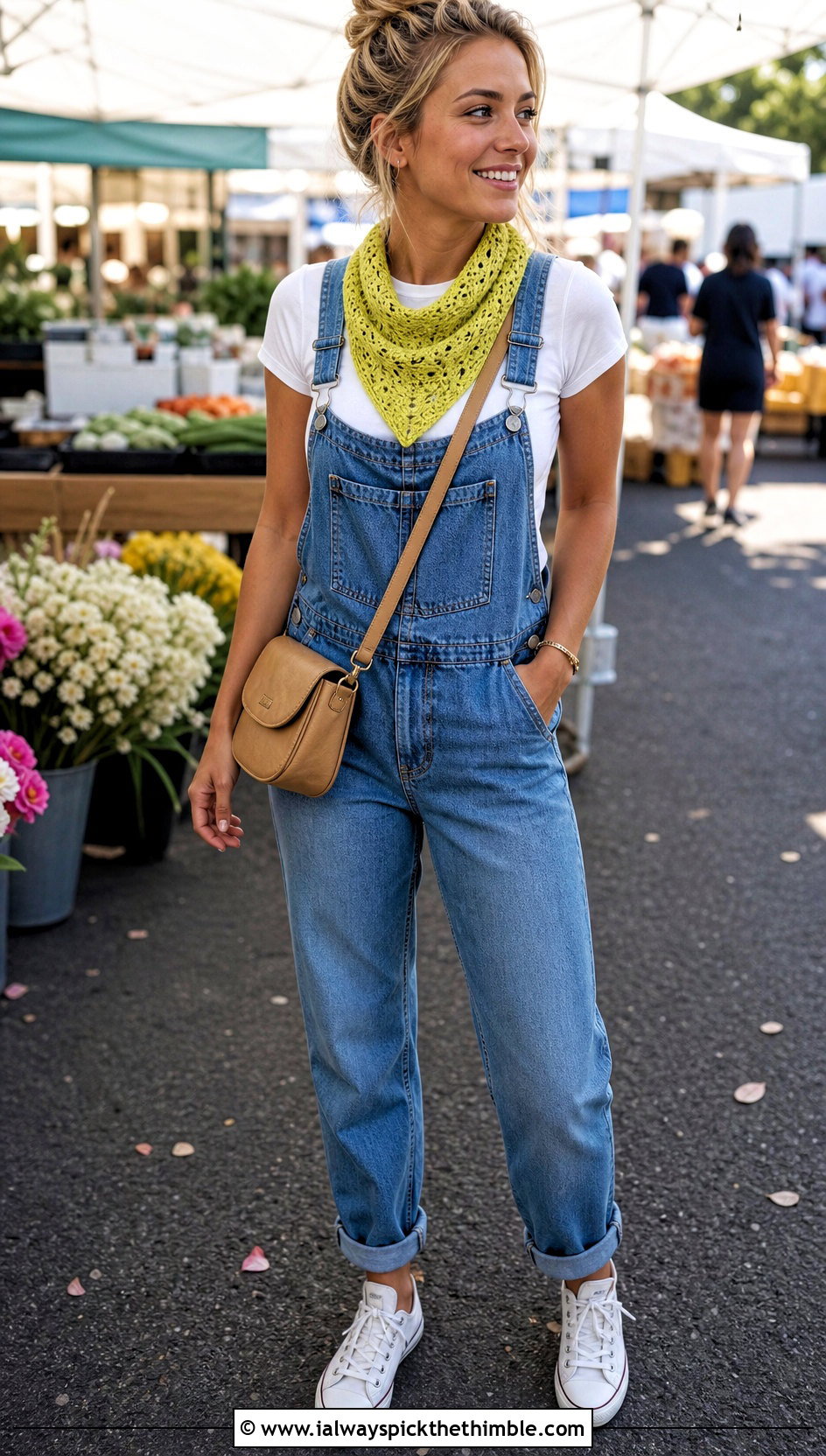 Bandana Crochet Scarf With T Shirt And Overalls - 25 simple crochet scarf outfit ideas