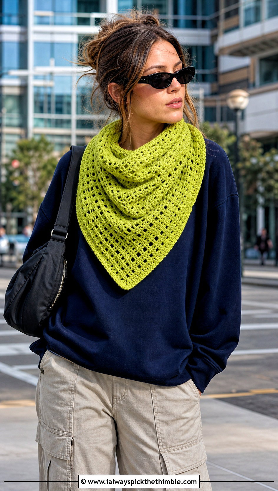 Bandana Crochet Shawl With Sweatshirt And Cargo Pants - 20 Spring Crochet Shawl outfit ideas