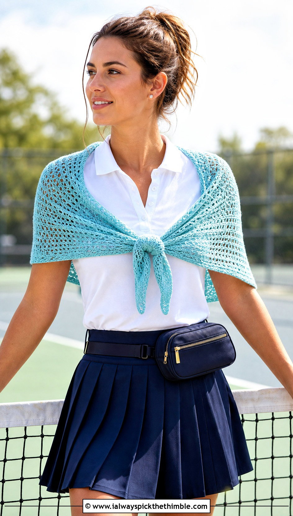 Bandana Crochet Shawlette With a Tennis Skirt - 20 one skein crochet shawl outfit ideas