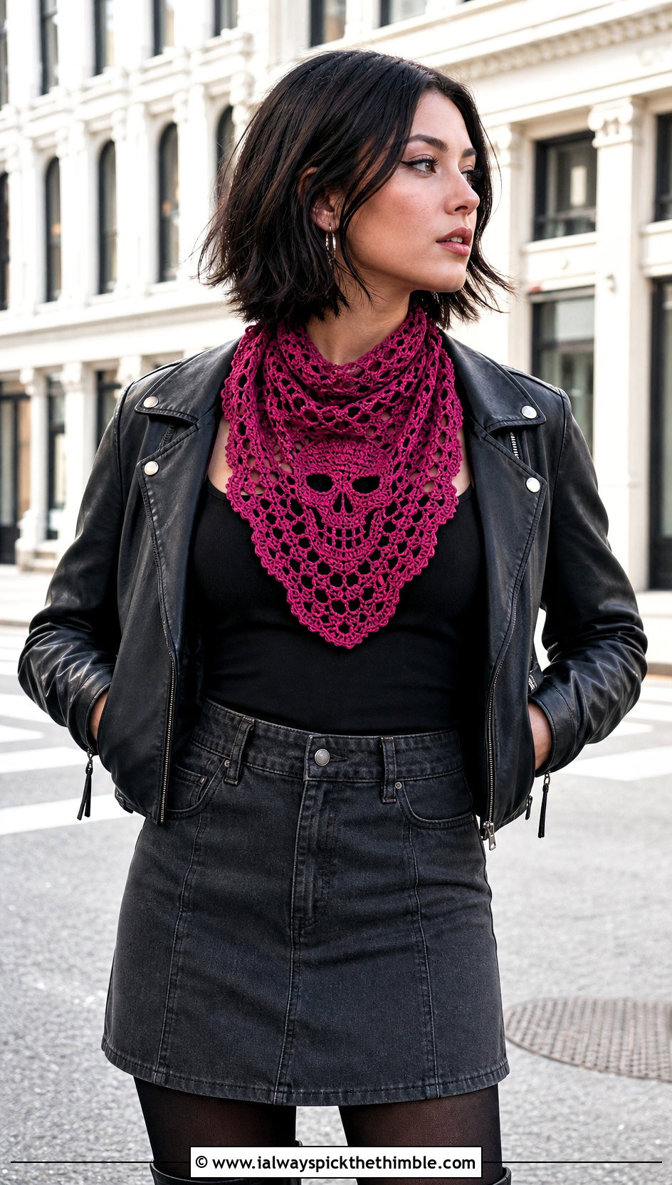 Bandana Crochet Skull Shawl With Moto Jacket And Mini Skirt - 25 crochet skull shawl outfit ideas