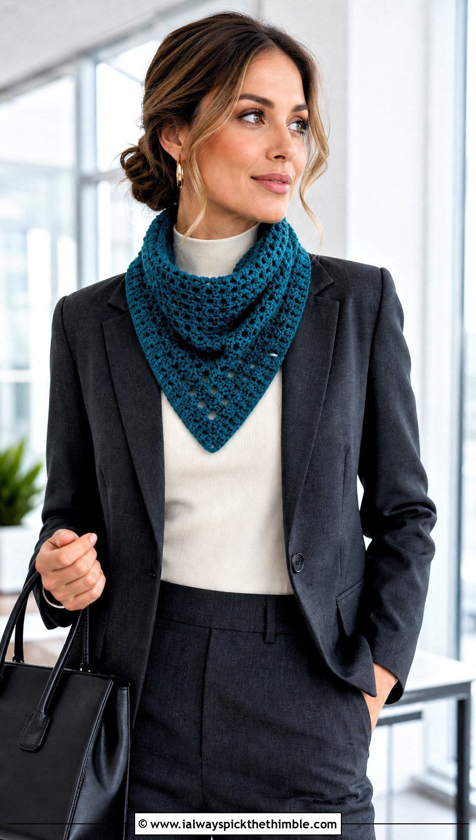 Bandana Crochet Snood Cowl With Blazer - 20 crochet snood cowl outfit ideas