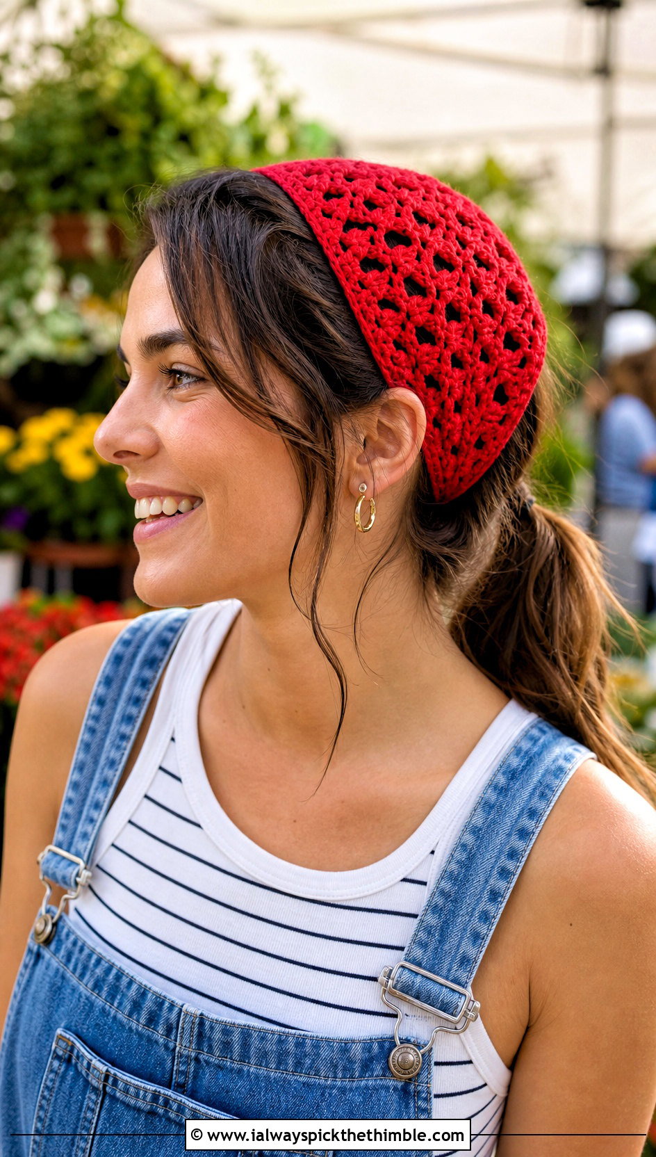 Bandana Crochet Summer Headband With Overalls - 25 crochet summer headband outfit ideas