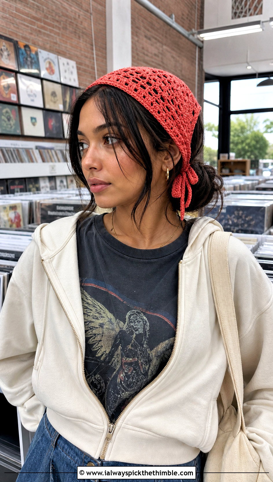 Bandana Crochet Tie Headband With Graphic Tee And Carpenter Jeans - 25 crochet tie headband outfit ideas