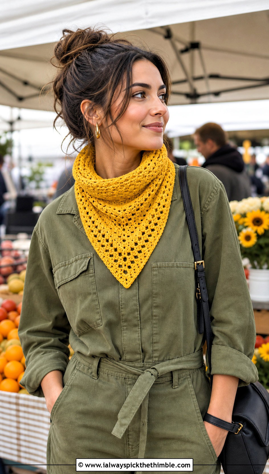 Bandana Crochet Turtleneck Cowl With Utility Jumpsuit - 20 Crochet Turtleneck Cowl outfit ideas