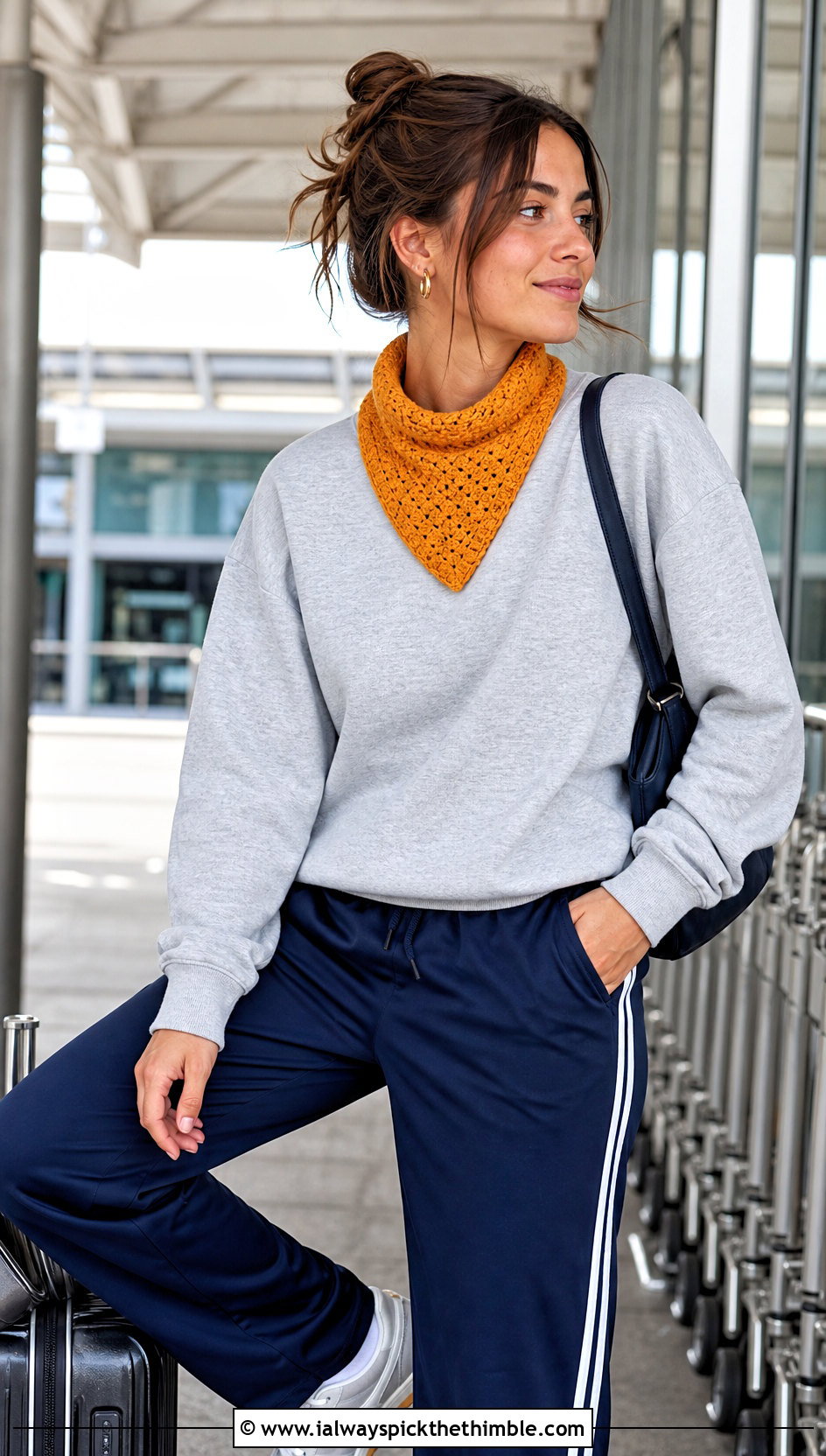 Bandana Crocheted Triangle Scarf With Sweatshirt And Track Pants - 20 Crocheted Triangle Scarf outfit ideas