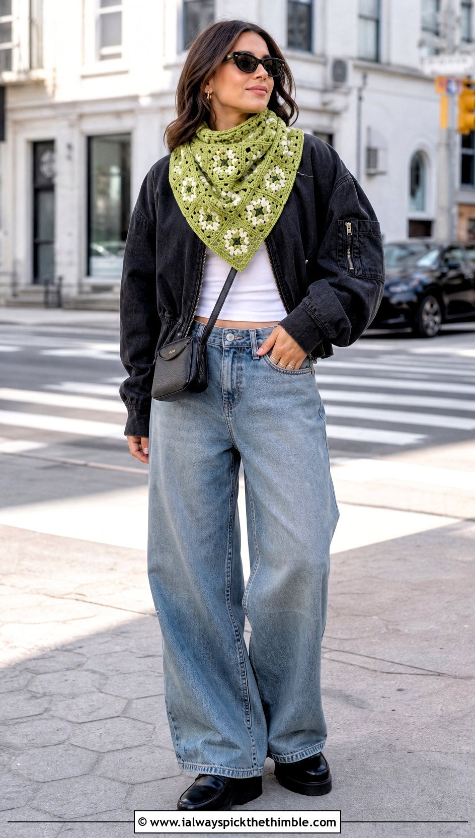 Bandana Granny Square Cowl With Bomber Jacket and Wide Leg Jeans - 20 Granny Square Cowl outfit ideas