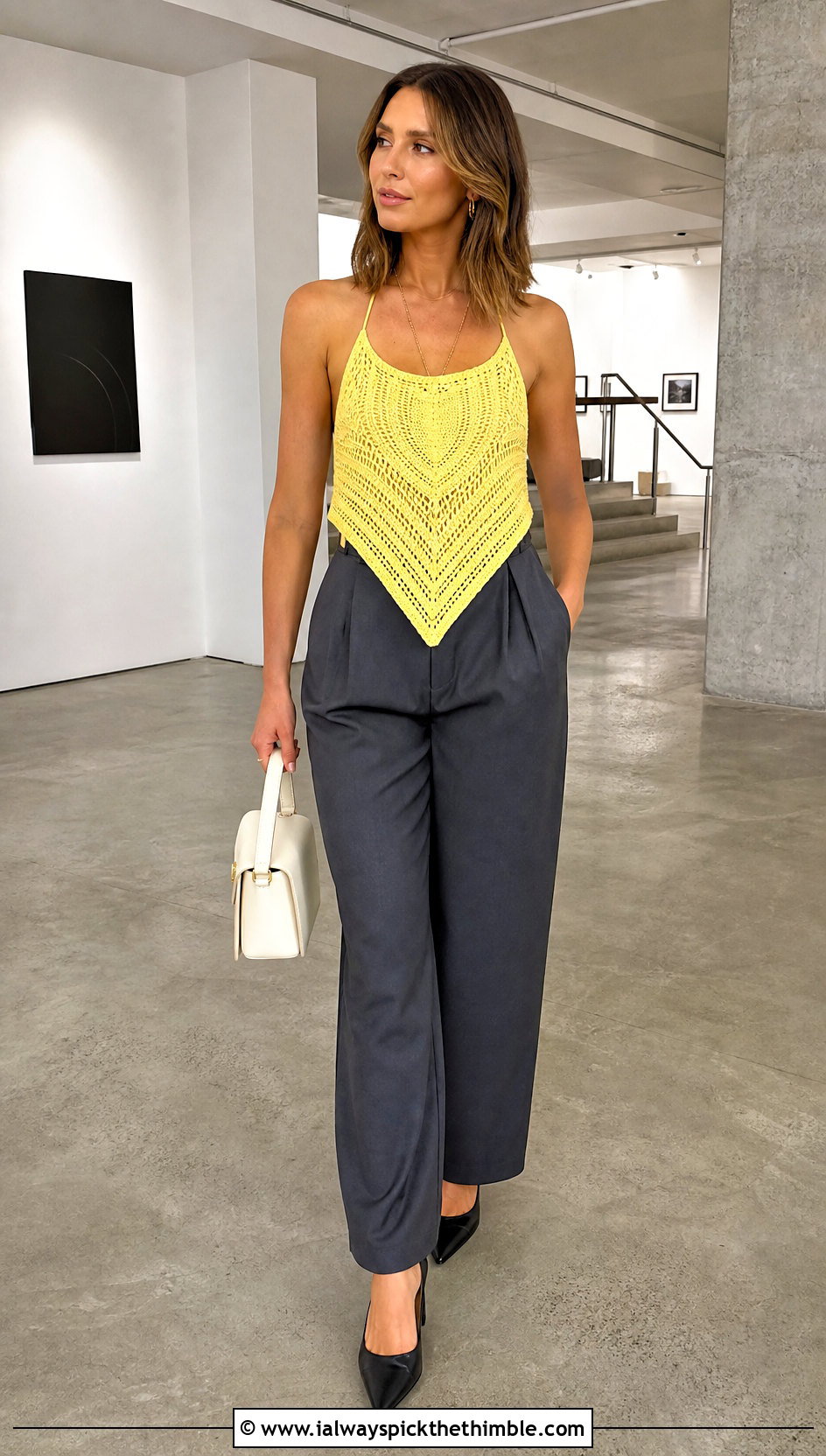 Bandana Hem Triangle Crochet Top With Tailored Trousers - 20 Triangle Crochet Top outfit ideas