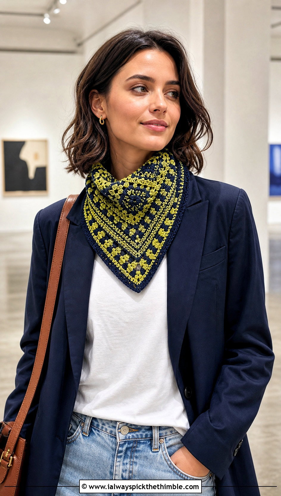Bandana Mosaic Crochet Scarf With Blazer And Jeans - 20 Mosaic Crochet Scarf outfit ideas