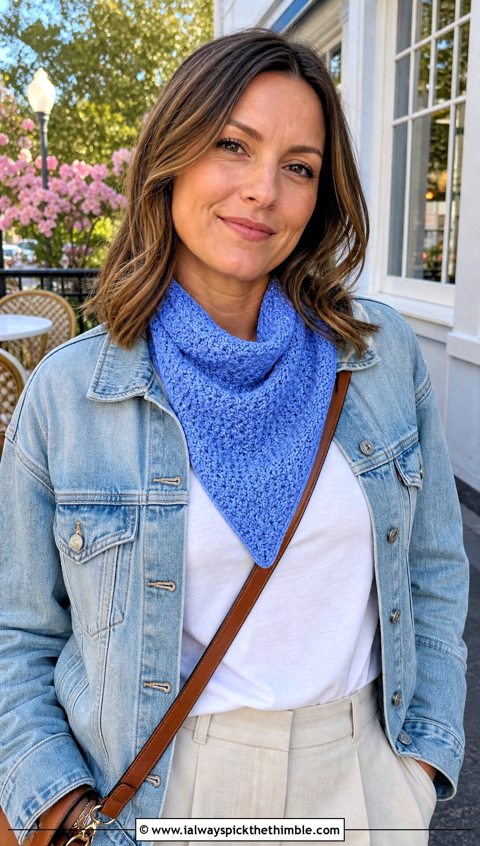 Bandana Moss Stitch Scarf With A Denim Jacket - 25 crochet moss stitch scarf outfit ideas