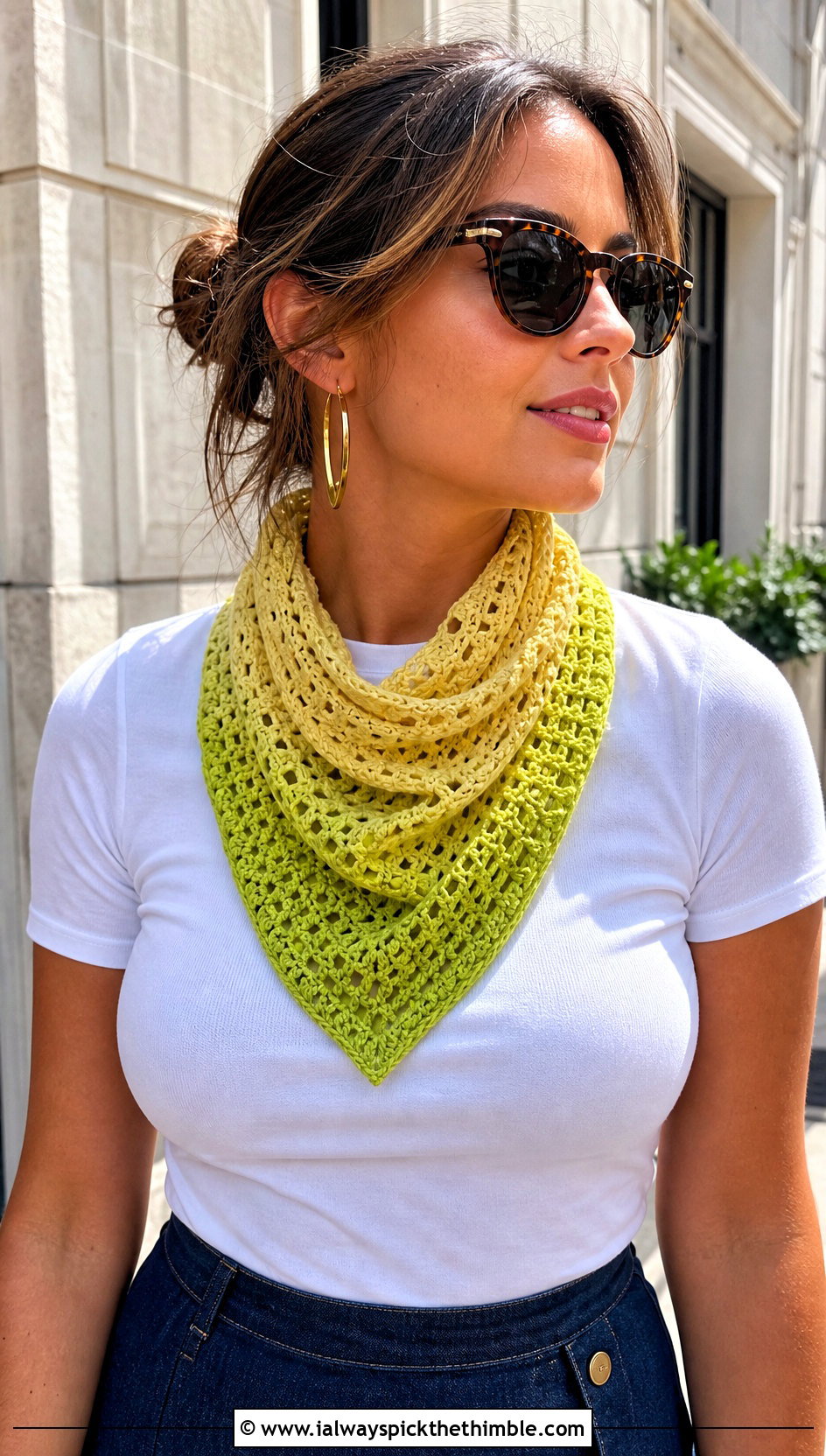 Bandana Ombre Crochet Scarf With T Shirt And Denim Skirt - 20 Ombre Crochet Scarf outfit ideas