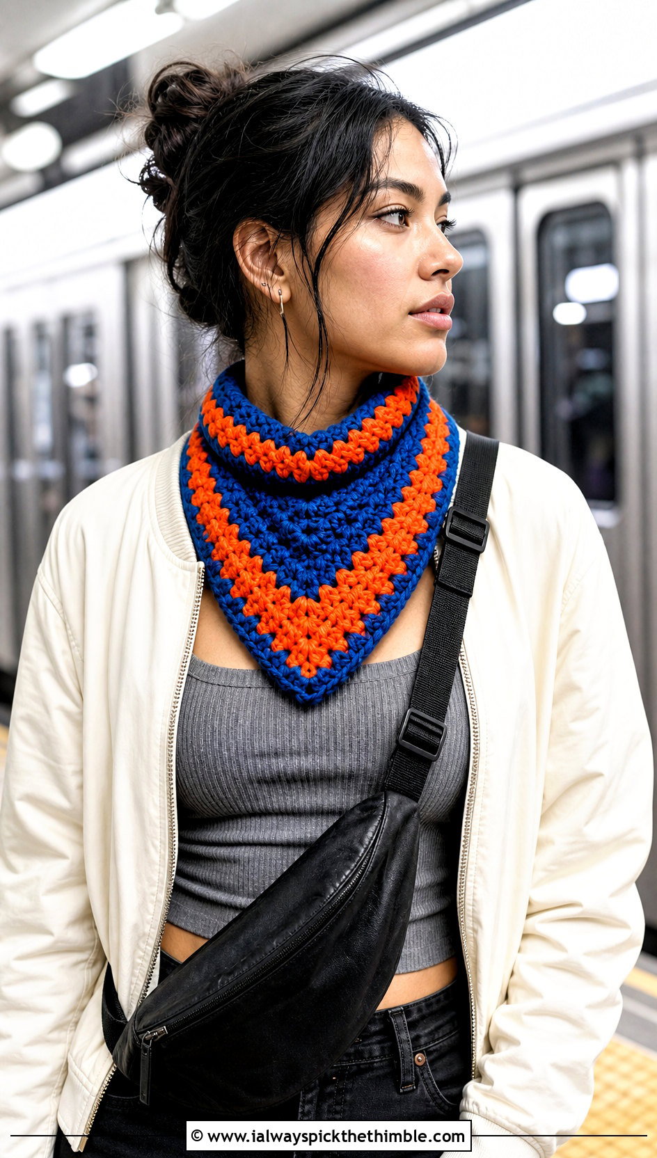 Bandana One Skein Triangle Crochet Scarf With Bomber Jacket - 15 One Skein Triangle Crochet Scarf outfit ideas