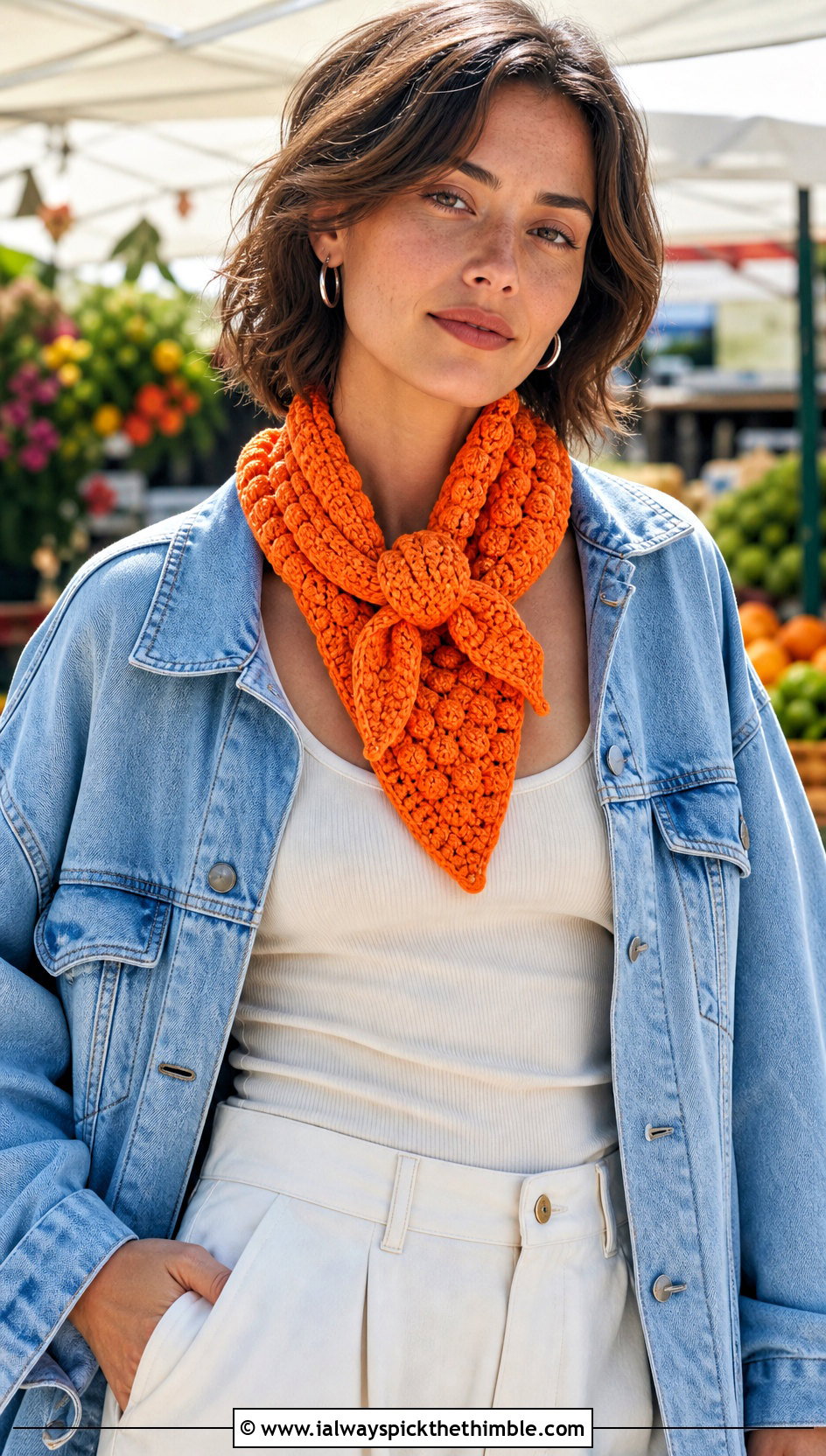 Bandana Popcorn Crochet Scarf With Denim Jacket - 20 Popcorn Crochet Scarf outfit ideas