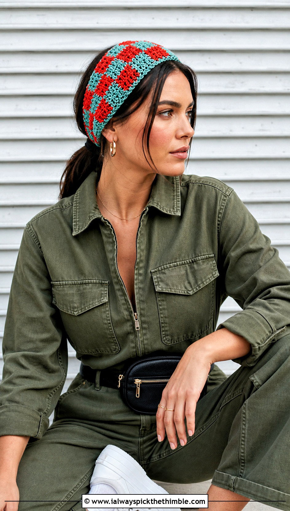 Bandana Style Crochet Checkered Headband With Utility Jumpsuit - 20 crochet checkered headband outfit ideas