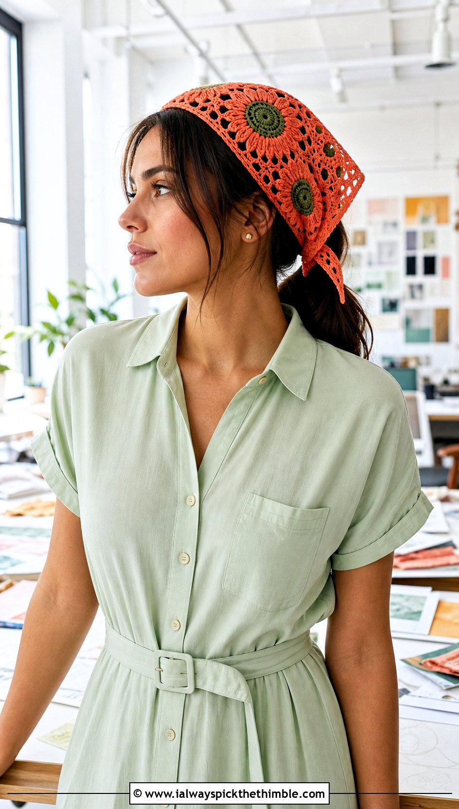 Bandana Style Sunflower Crochet Headband With Shirtdress - 20 Crochet Sunflower Headband outfit ideas