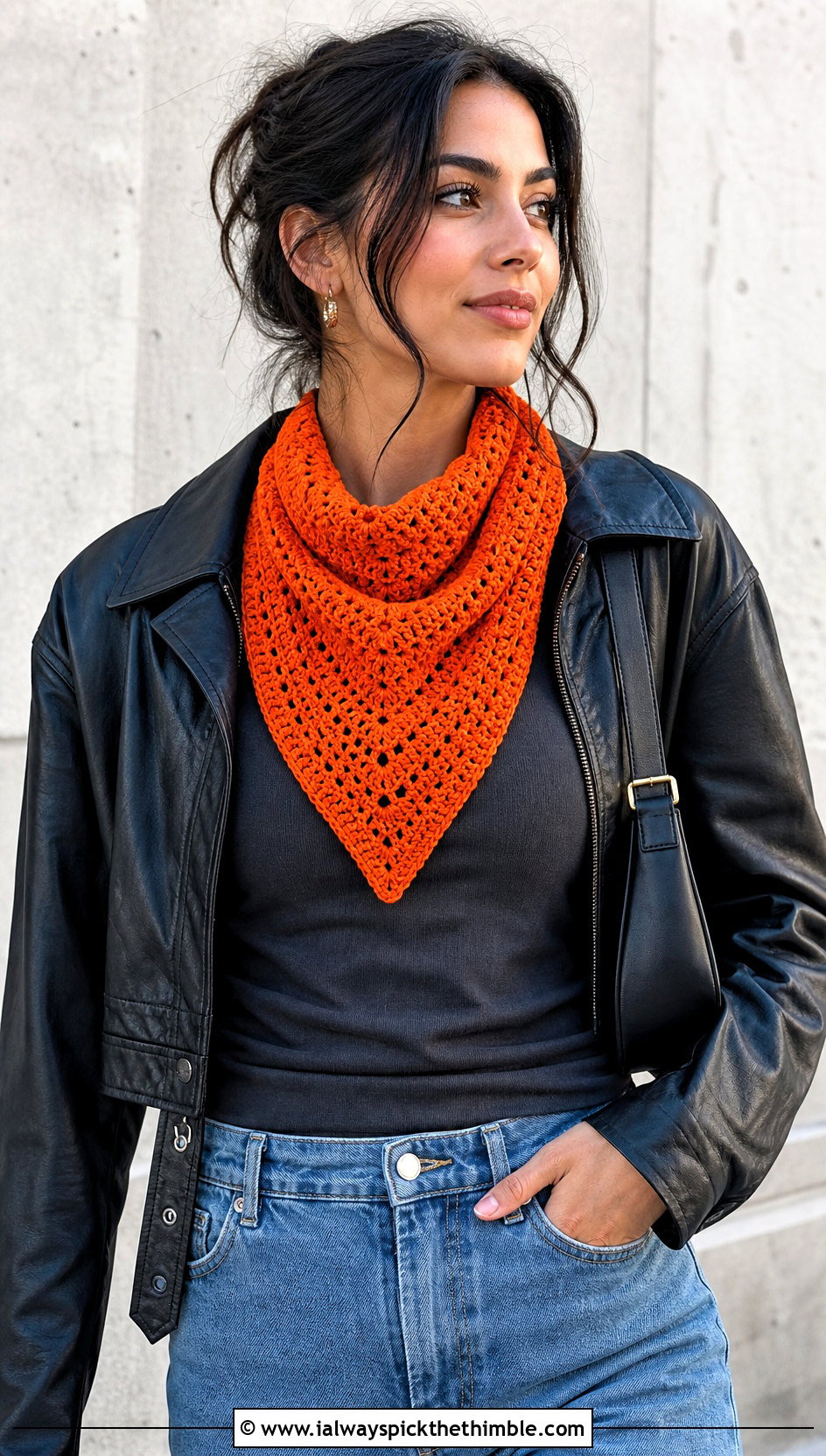 Bandana Triangle Cowl With Leather Jacket - 20 crochet triangle cowl outfit ideas