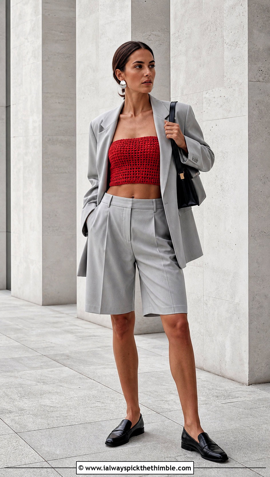 Bandeau Crochet Crop Top With Blazer And Bermuda Shorts - 20 Easy Crochet Crop Top outfit ideas