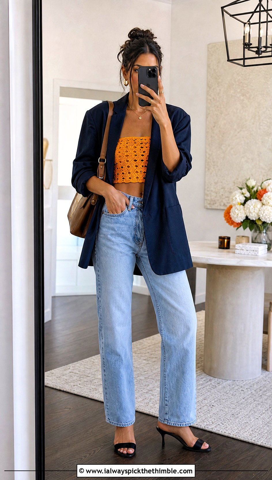 Bandeau Tie Back Crochet Top With Blazer And Jeans - 15 tie back crochet top outfit ideas