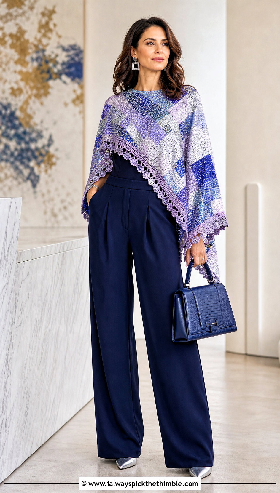 Banded Mosaic Poncho With Wide Leg Trousers - 15 Mosaic Crochet Poncho outfit ideas