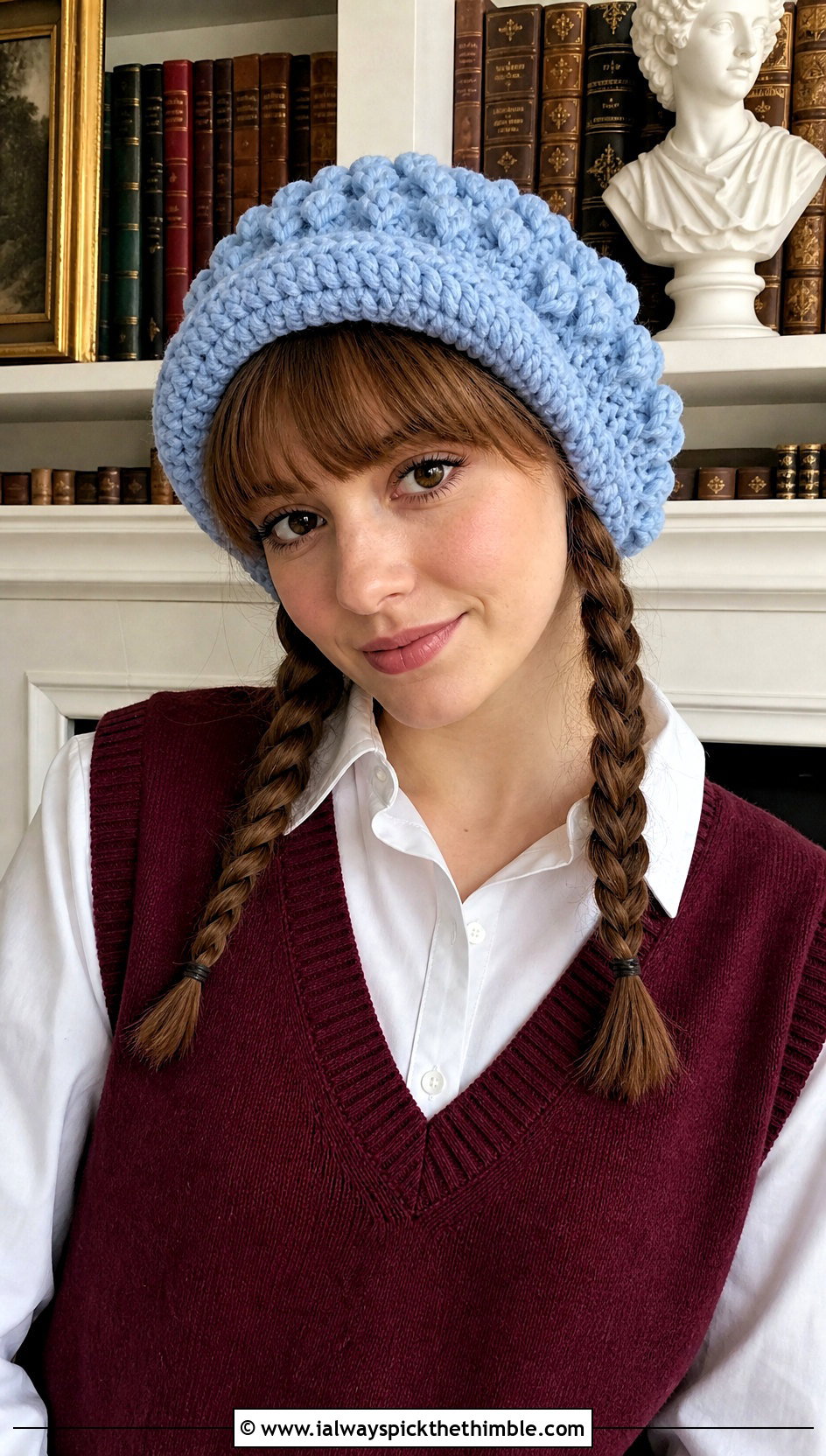 Bangs And Low Braids Cabbage Patch Crochet Hat With Sweater Vest - 20 Cabbage Patch Crochet Hat outfit ideas