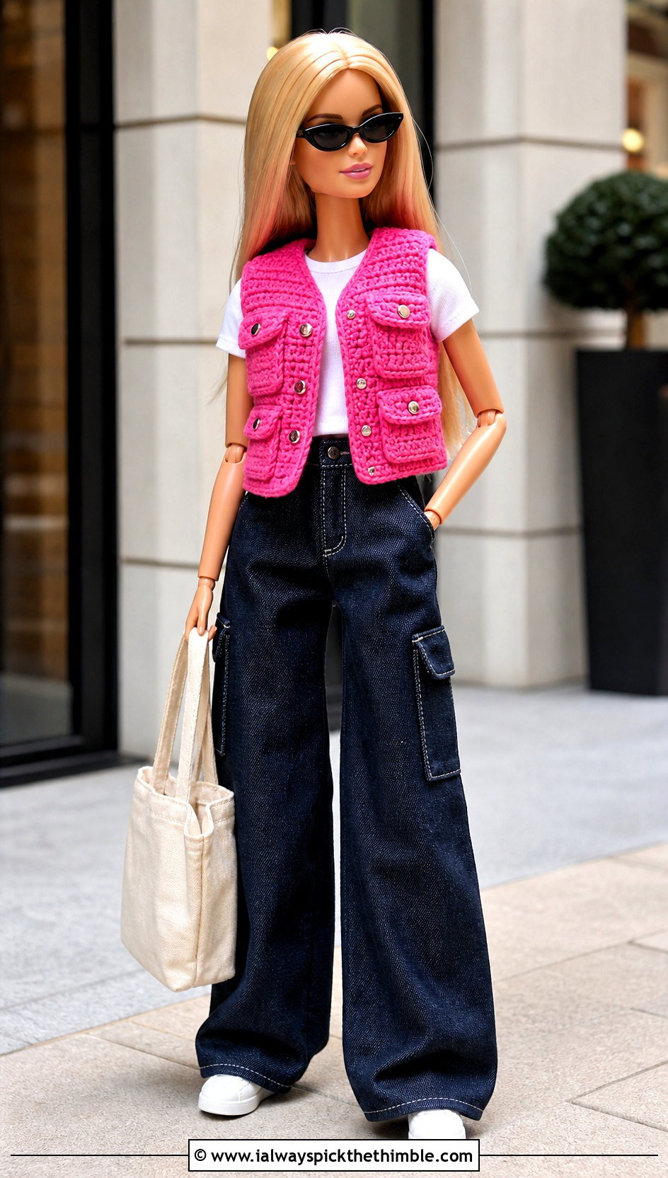 Barbie Crochet Cargo Vest With Wide Leg Jeans - 15 barbie crocheted clothes and outfit ideas