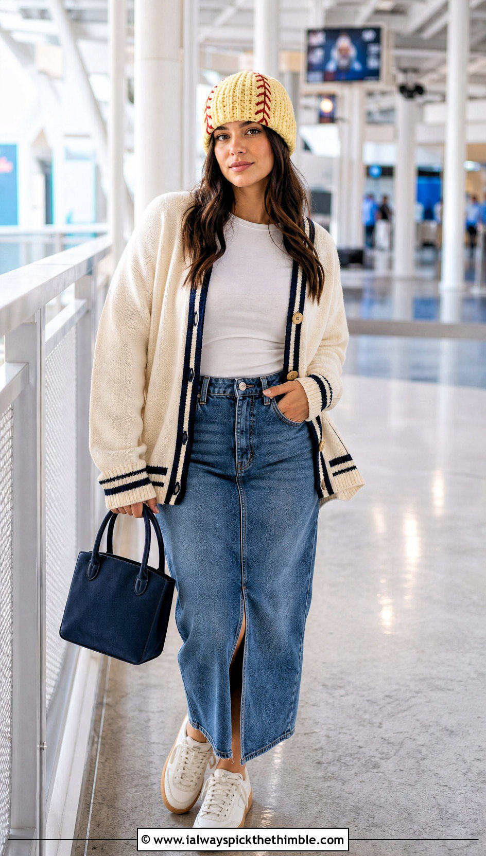 Baseball Stitch Crochet Beanie With Varsity Cardigan And Denim Midi Skirt - 15 Baseball Crochet Beanie outfit ideas