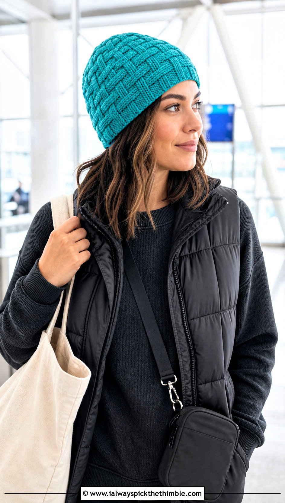 Basket Cable Beanie With Airport Outfit - 20 Crochet Cable Stitch Hat outfit ideas