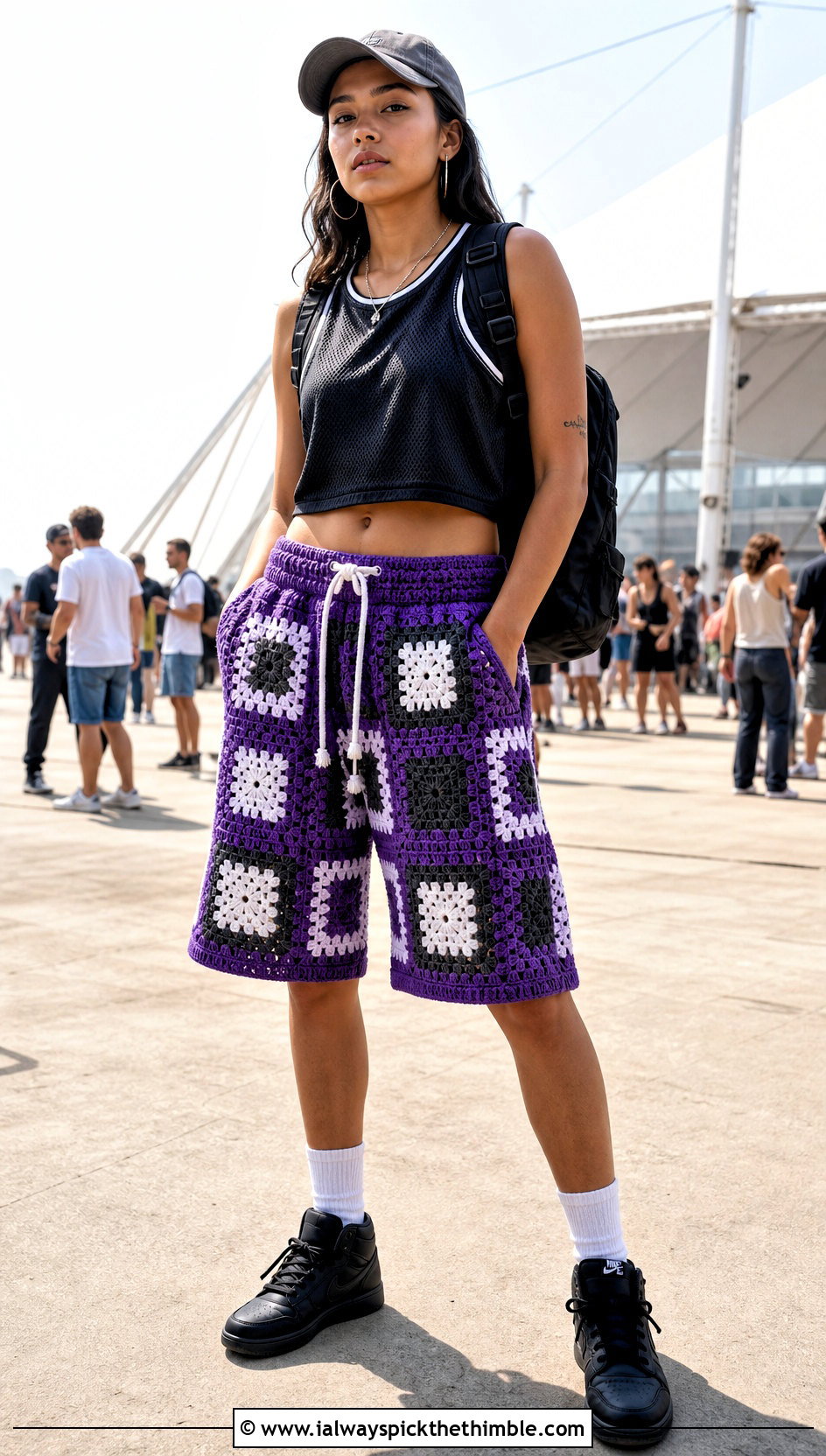 Basketball Crochet Patchwork Shorts With Cropped Jersey And High Tops - 20 crochet patchwork shorts outfit ideas