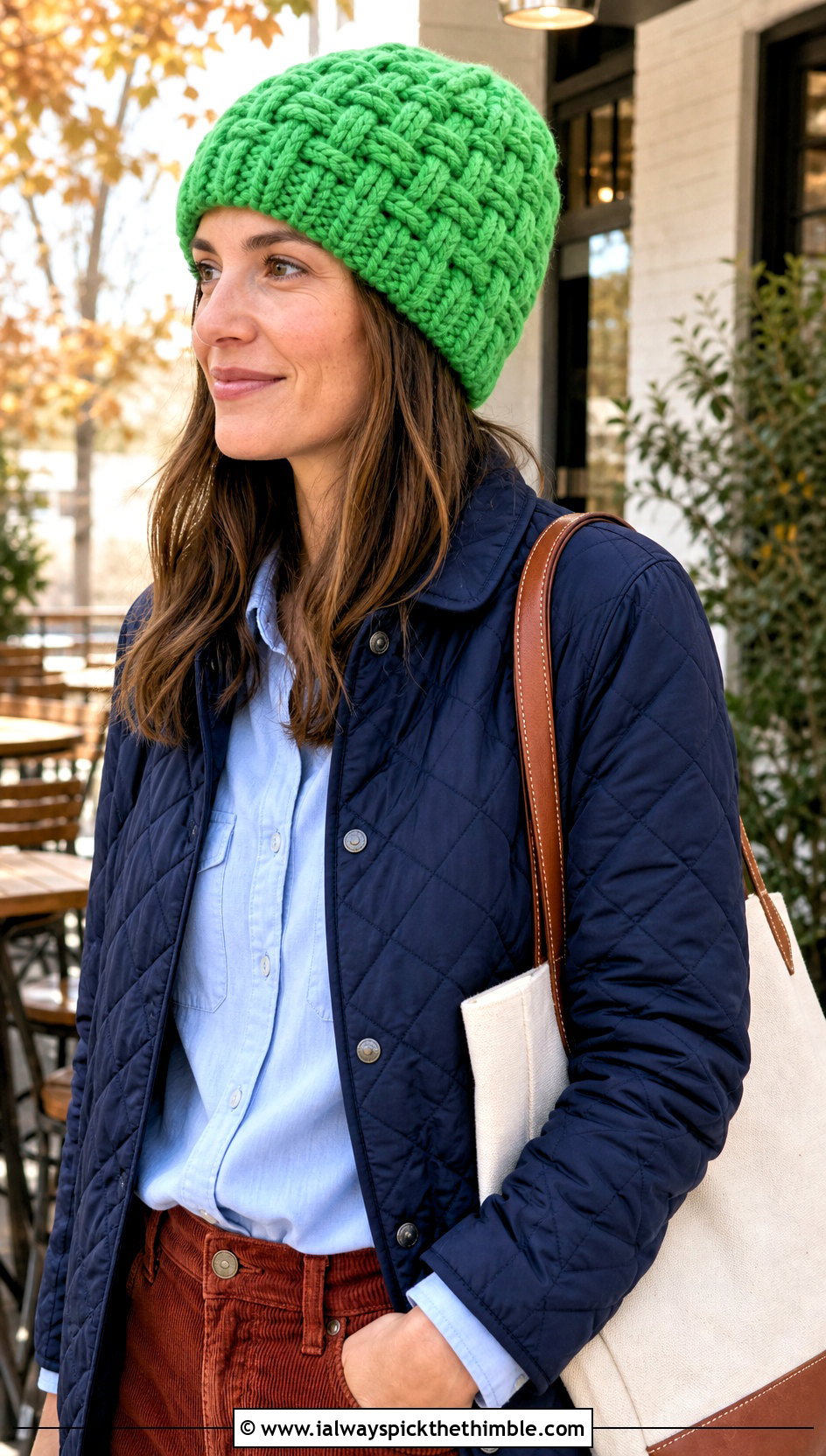 Basketweave Beanie With Quilted Jacket And Corduroy Pants - 15 Crochet Beanie With Super Bulky Yarn outfit ideas
