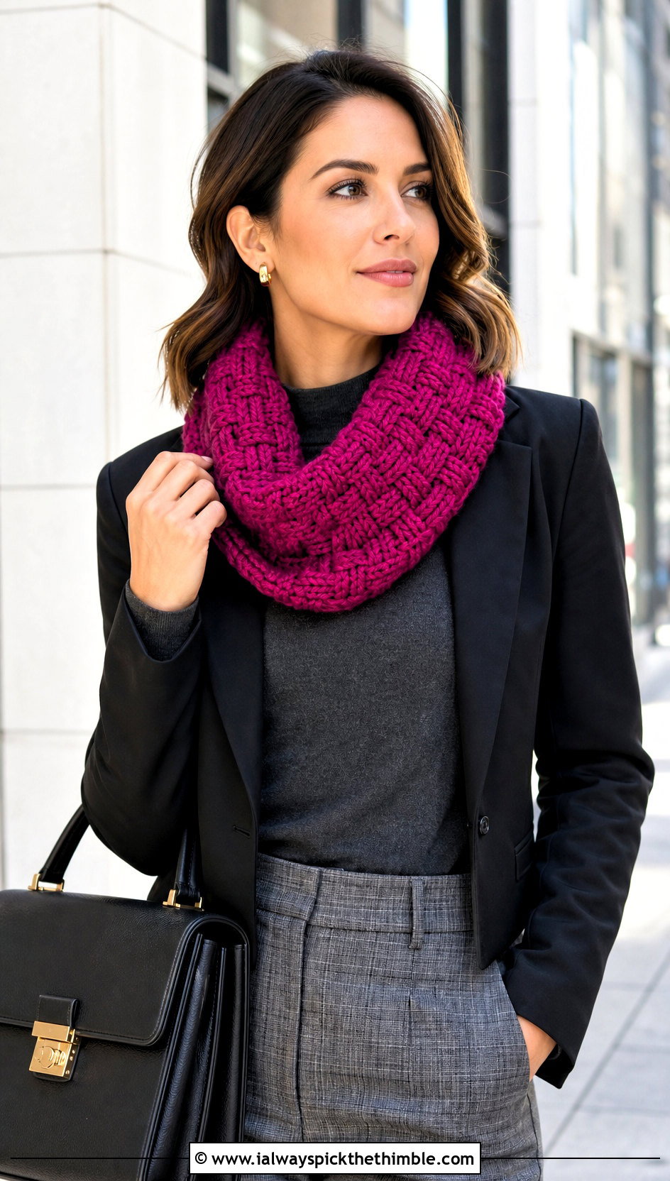 Basketweave Bulky Crochet Cowl With Plaid Trousers - 20 Bulky Crochet Cowl outfit ideas
