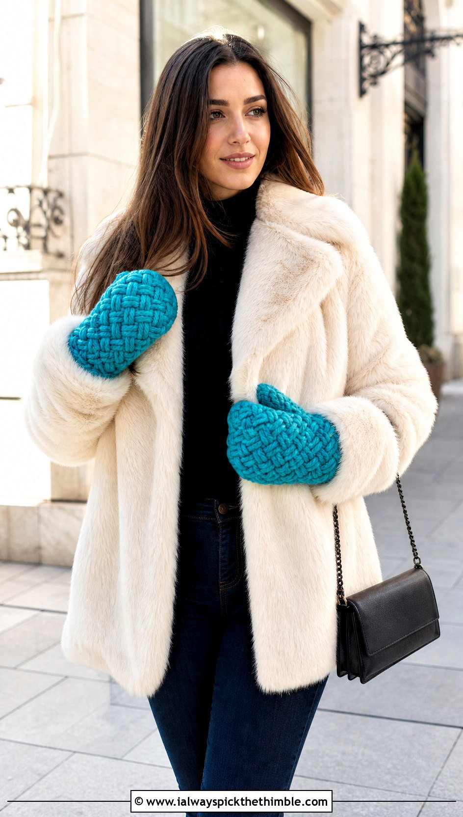Basketweave Bulky Yarn Crochet Mittens With Faux Fur Coat And Jeans - 20 Crochet Mittens Bulky Yarn outfit ideas