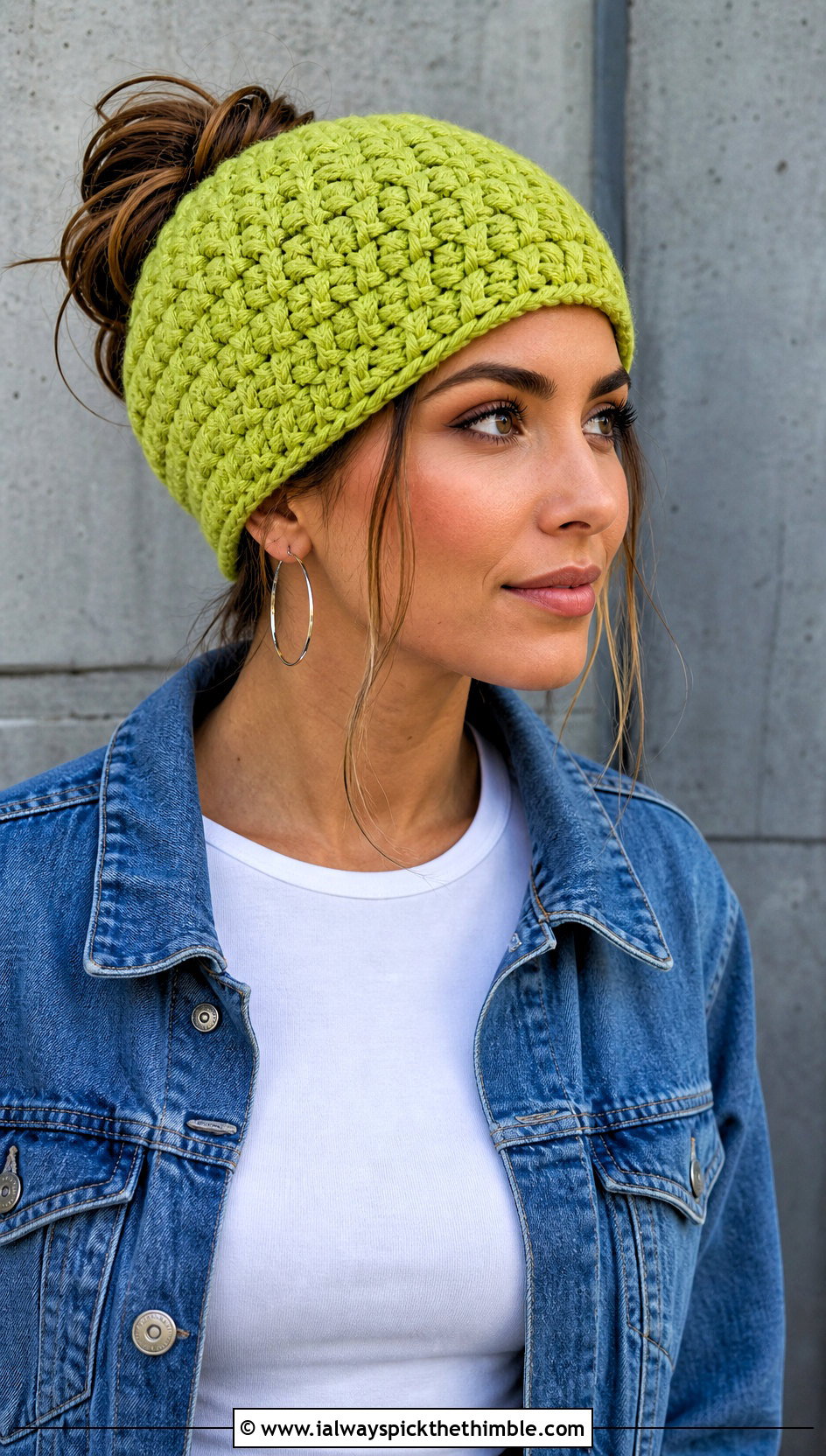 Basketweave Bun Crochet Beanie With Denim Jacket And Cargo Pants - 20 Bun Crochet Beanie outfit ideas