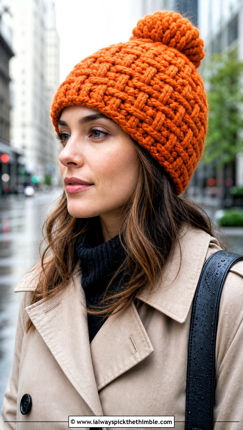 Basketweave Bun Hat With Trench Coat And Leggings - 25 crochet bun hat outfit ideas