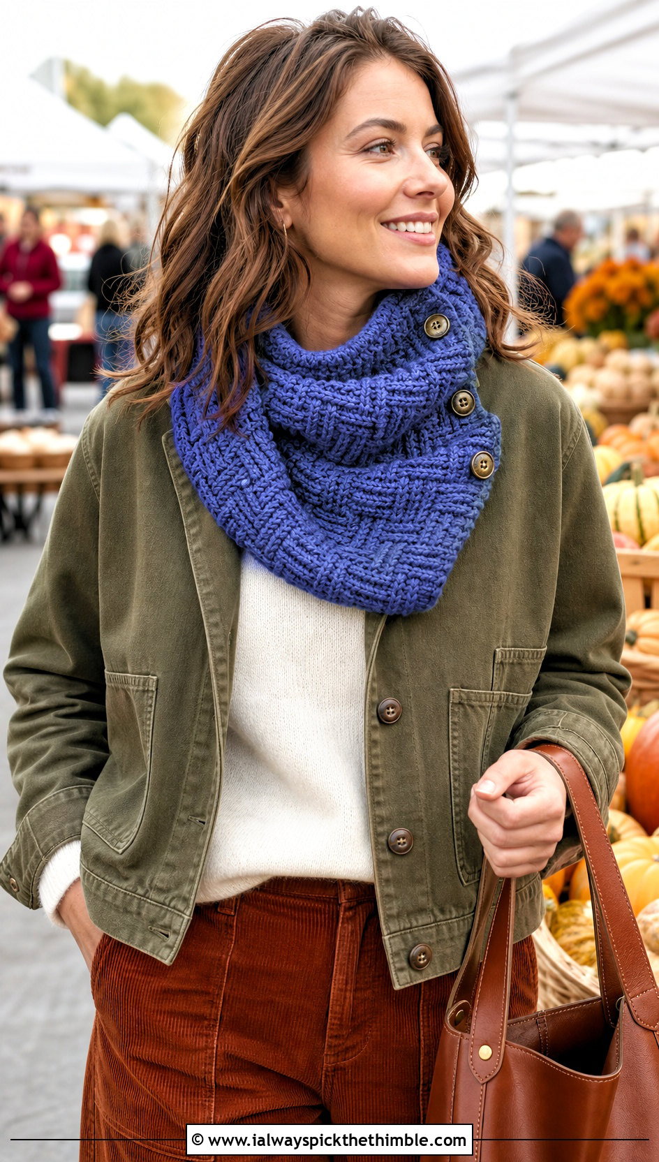 Basketweave Button Cowl With Corduroy Pants - 20 crochet button cowl outfit ideas