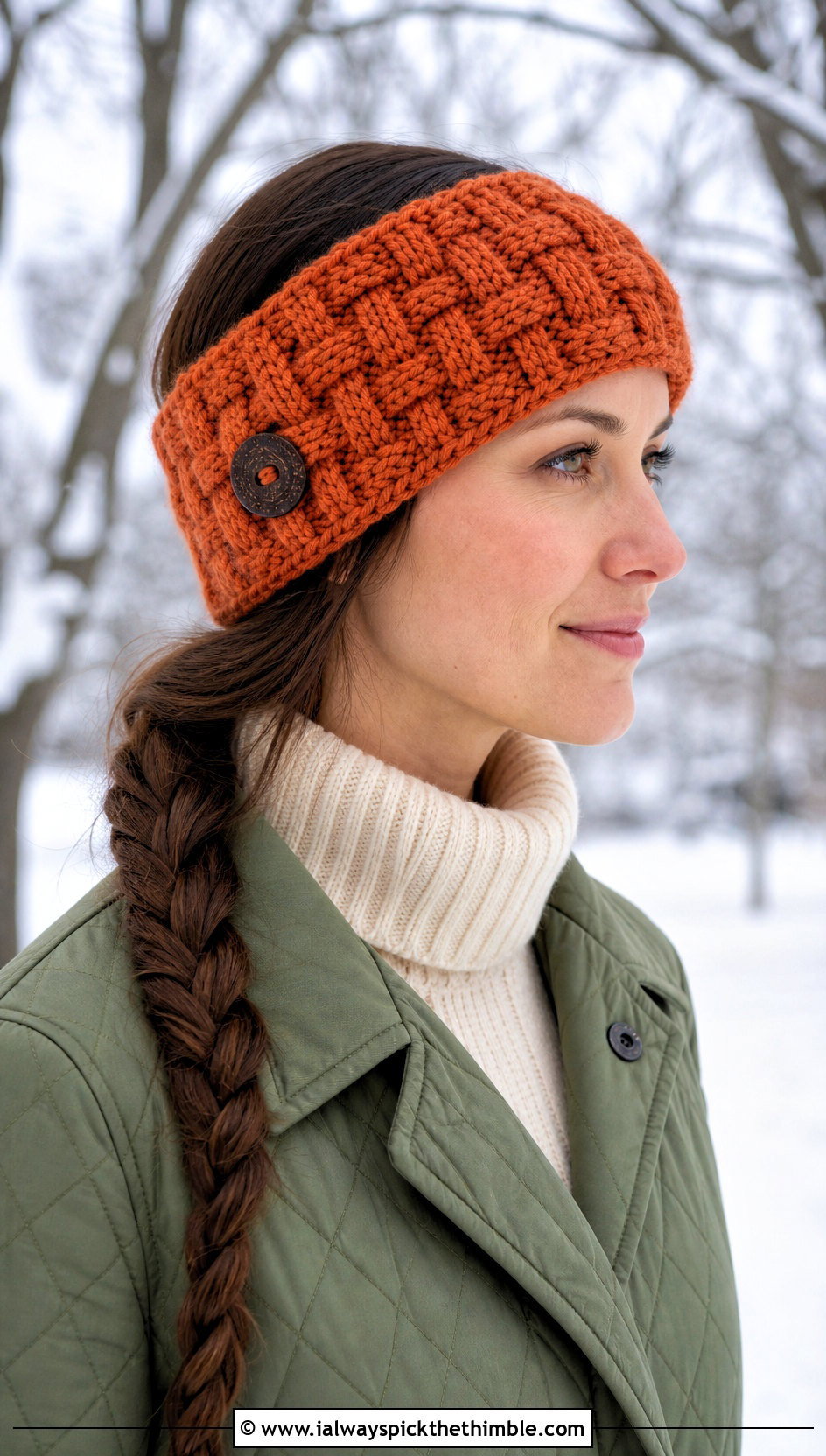 Basketweave Button Crochet Ear Warmer With Quilted Coat And Corduroy Pants - 15 Crochet Button Headband outfit ideas